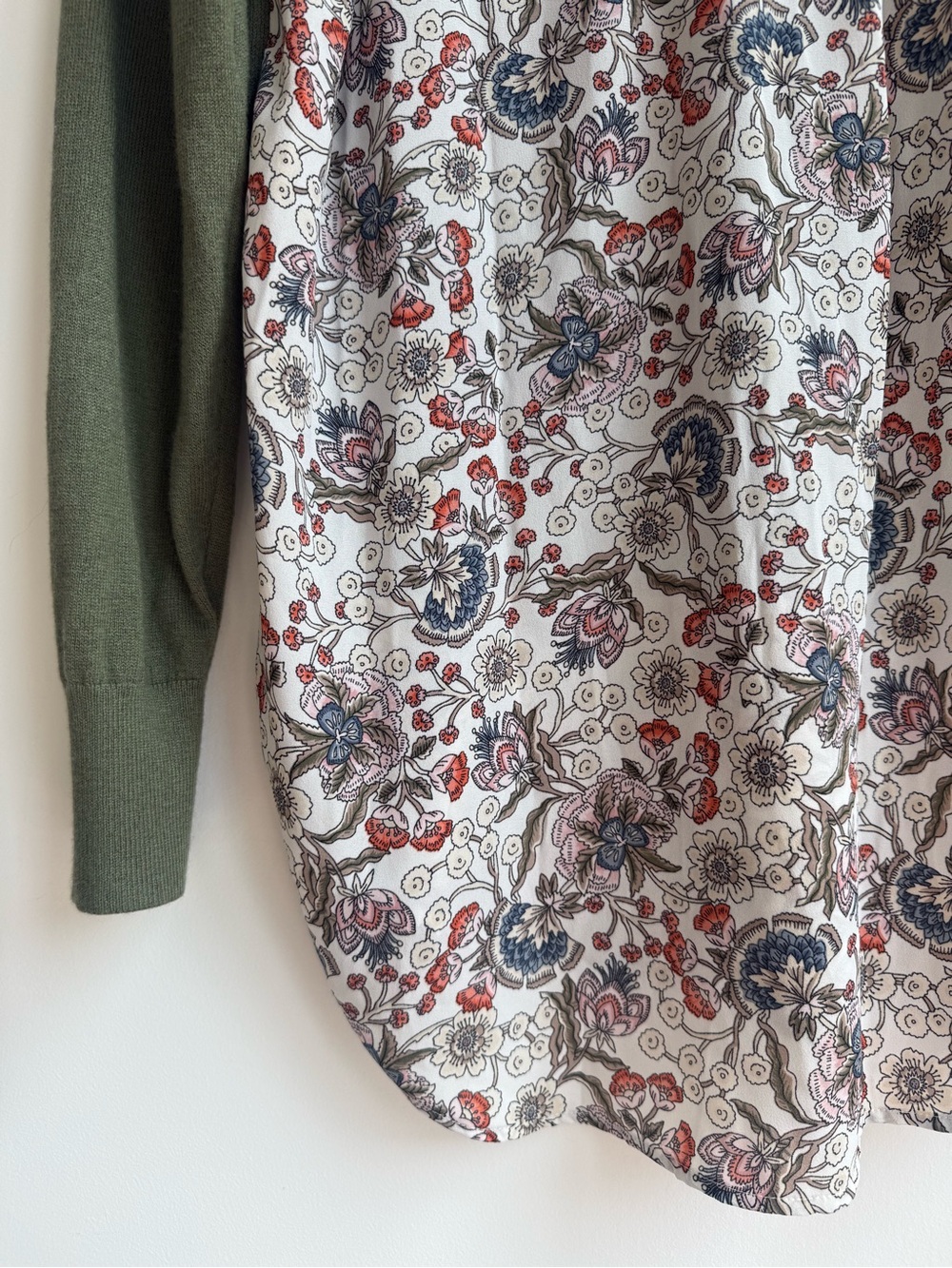 LOFT Olive Green Crewneck Sweater with Floral Layered Hem - Picture 9 of 13